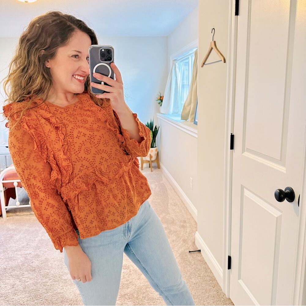 THE GREAT. Orange Eyelet Ruffled Cotton Blouse 1 Small